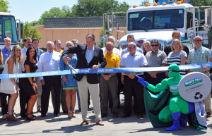 Guests included elected officials (back row, far left) Matt Schellenberg, John Crescimbeni, and Waste Pro Sr. Vice President, Ron Pecora, with Division Manager Steve Crawford cutting the ribbon.