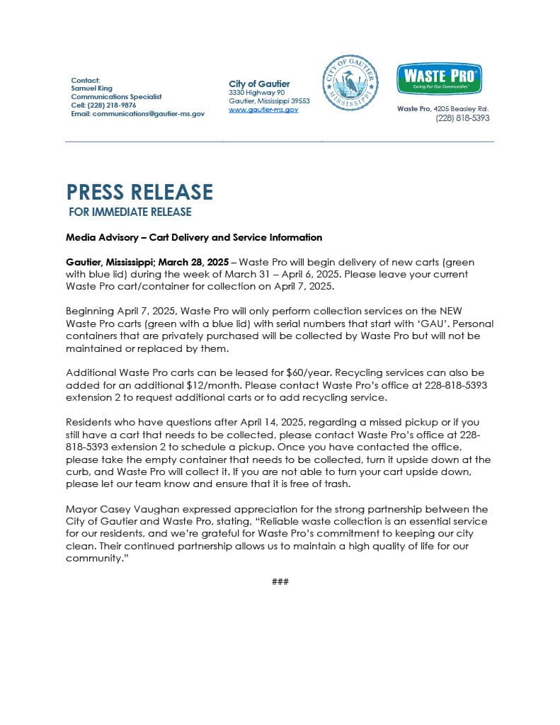 Press Release Waste Pro Media Advisory – Livrezon charyo ak enfòmasyon sou sèvis yo