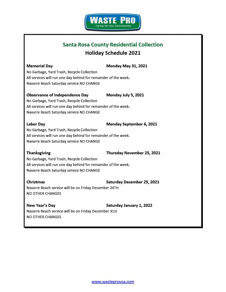 County Waste Holiday Schedule 2022 - Season Schedule 2022