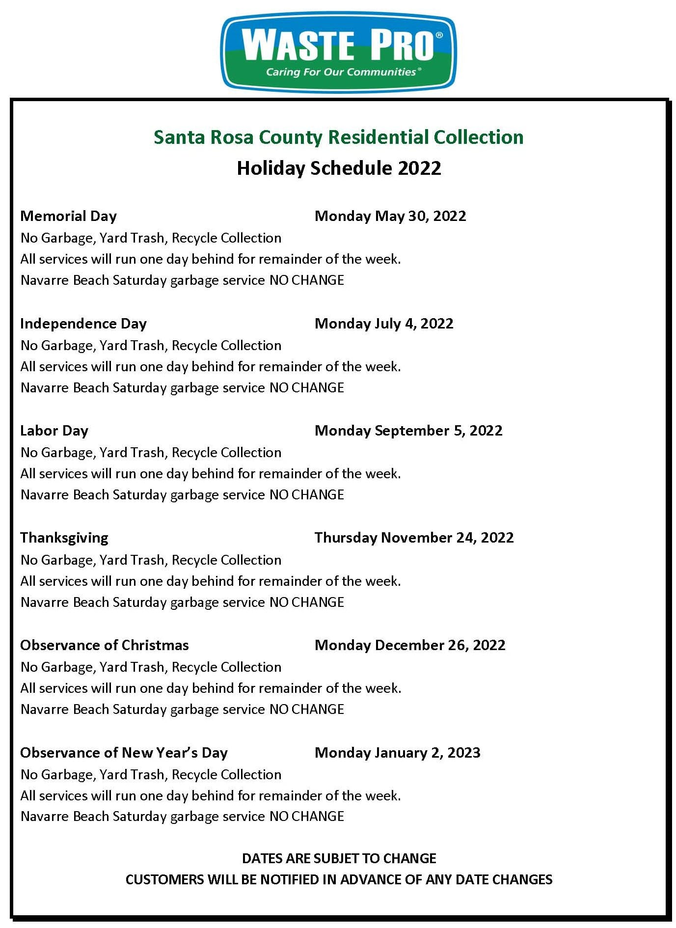 Holiday Schedule – Waste Pro USA